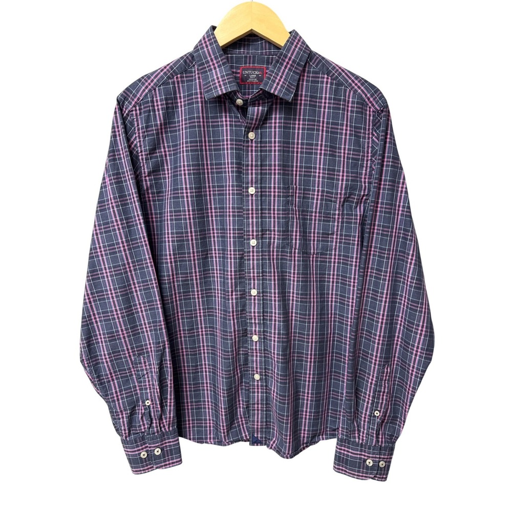 UNTUCKit Button Up Men Large Navy Sarmassa Slim Fit Plaid‎ Long Sleeve Shirt EUC